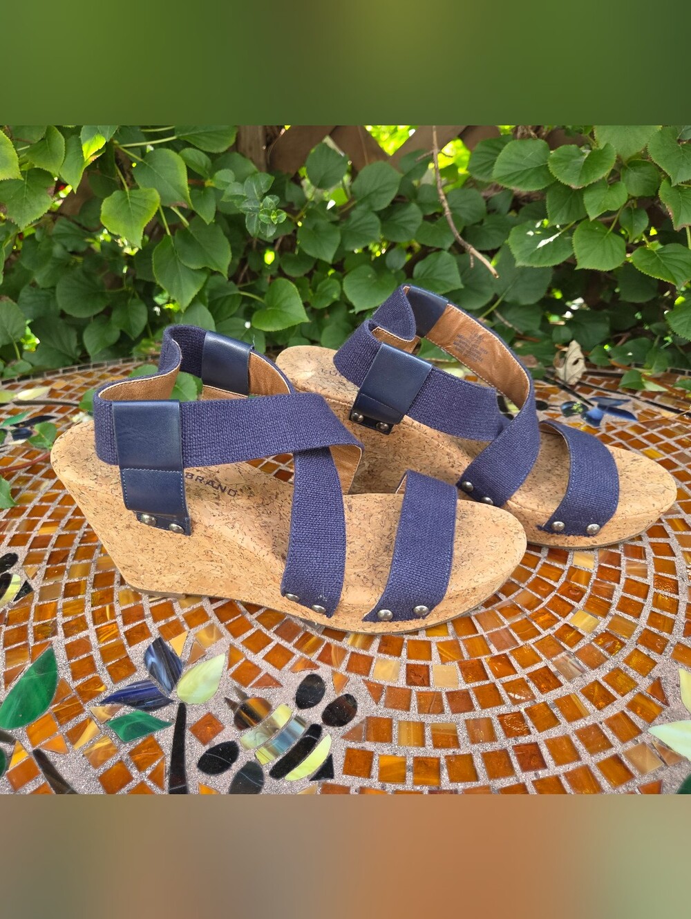 Lucky Brand Navy Elastic Cork Wedge Sandals